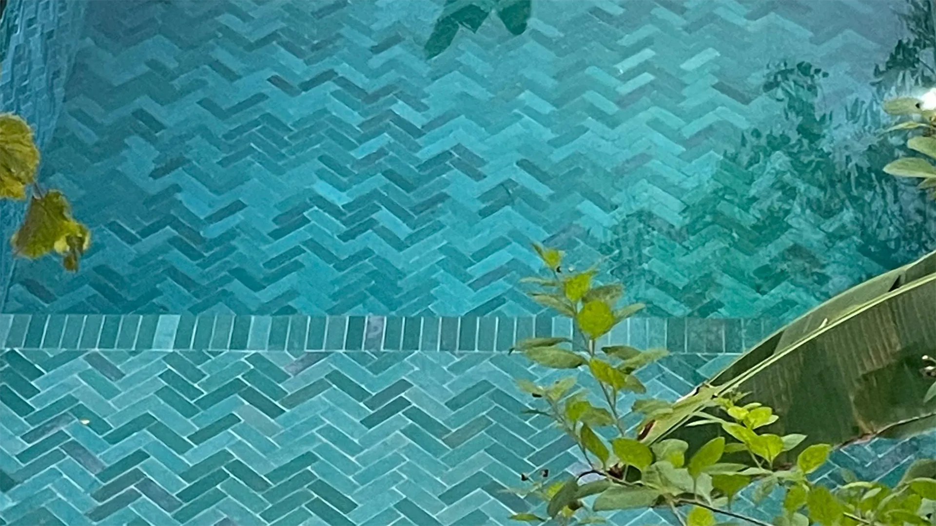 Gros plan de carreaux de bejmat émaillés bleu-vert turquoise, posés en chevrons, dans une piscine, avec des feuilles vertes de bananier au premier plan.